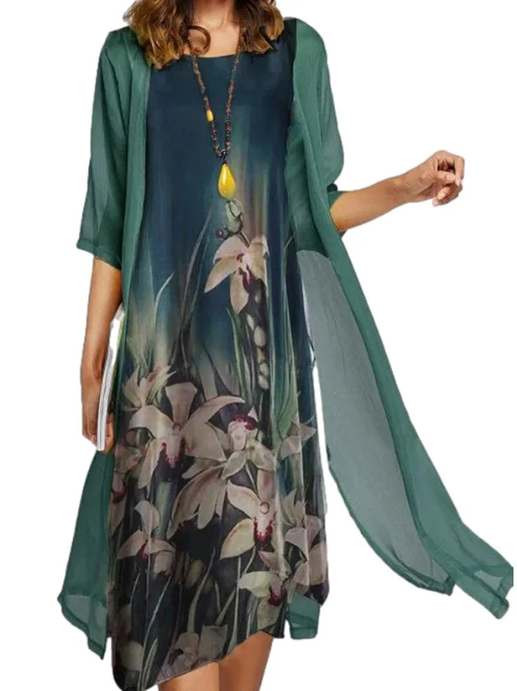 2024 Europe and the United States summer new women's casual dress two-piece set of printed round neck slim dress women