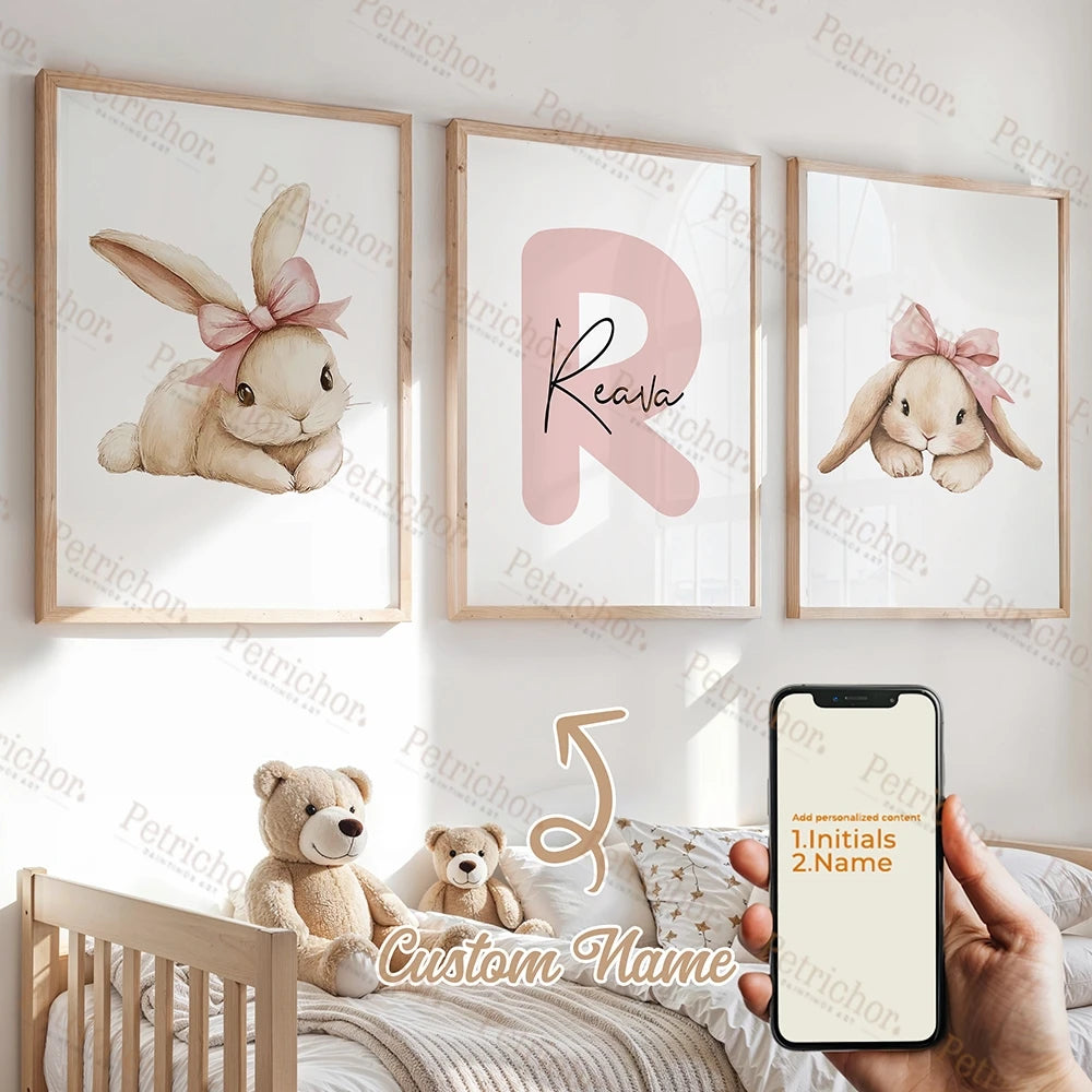 3pcs Personalized Name Custom Cartoon Animals Elephant Lion Wall Art Print Picture Living Room Kids Girl Room Home Decor Gift