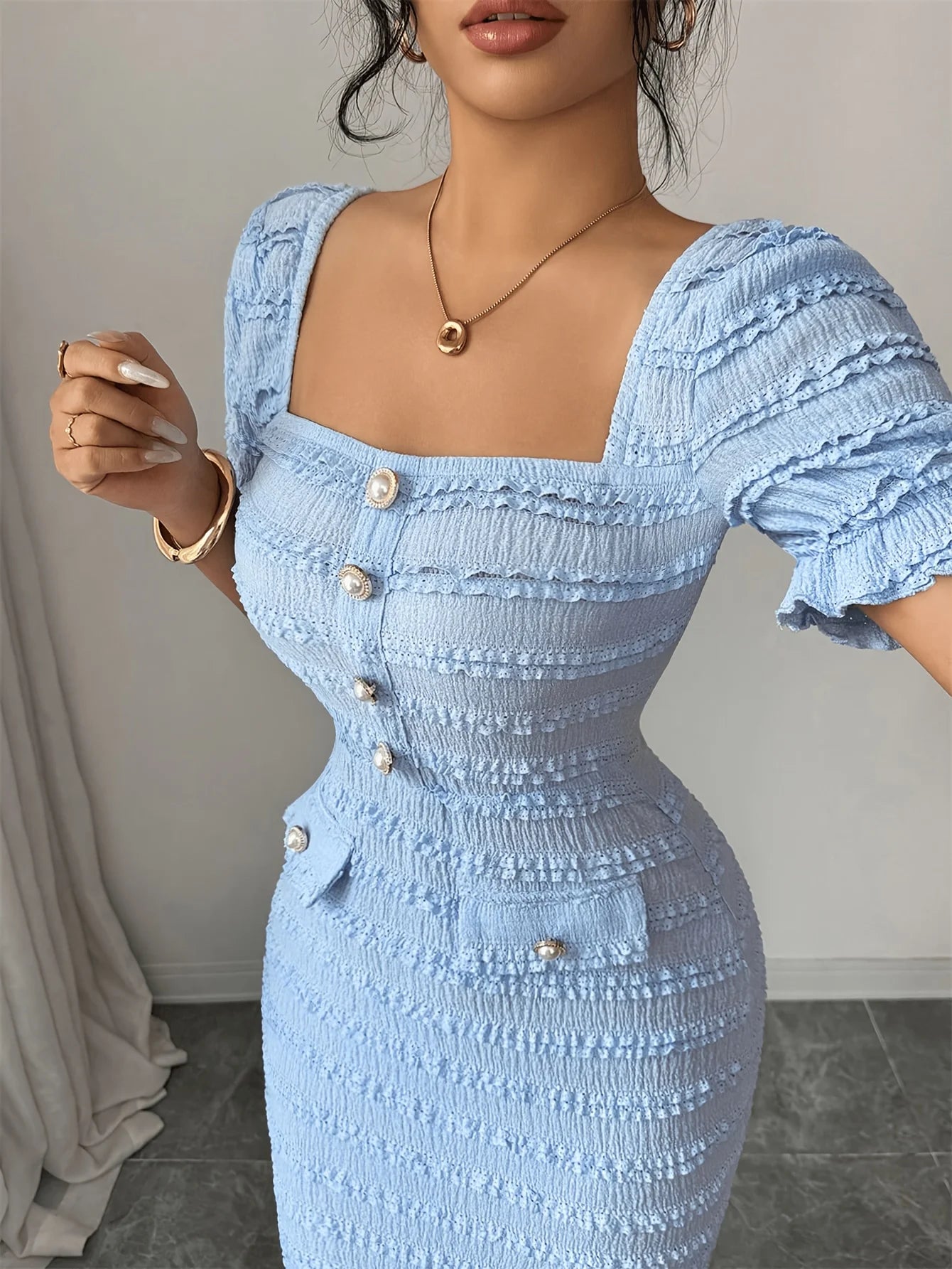 New Arrival Square Neck Short Sleeve Texture Knit Dress Elegant Versatile Slim Fit Midi Skirt Suitable for Women's Wear