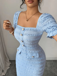 New Arrival Square Neck Short Sleeve Texture Knit Dress Elegant Versatile Slim Fit Midi Skirt Suitable for Women's Wear