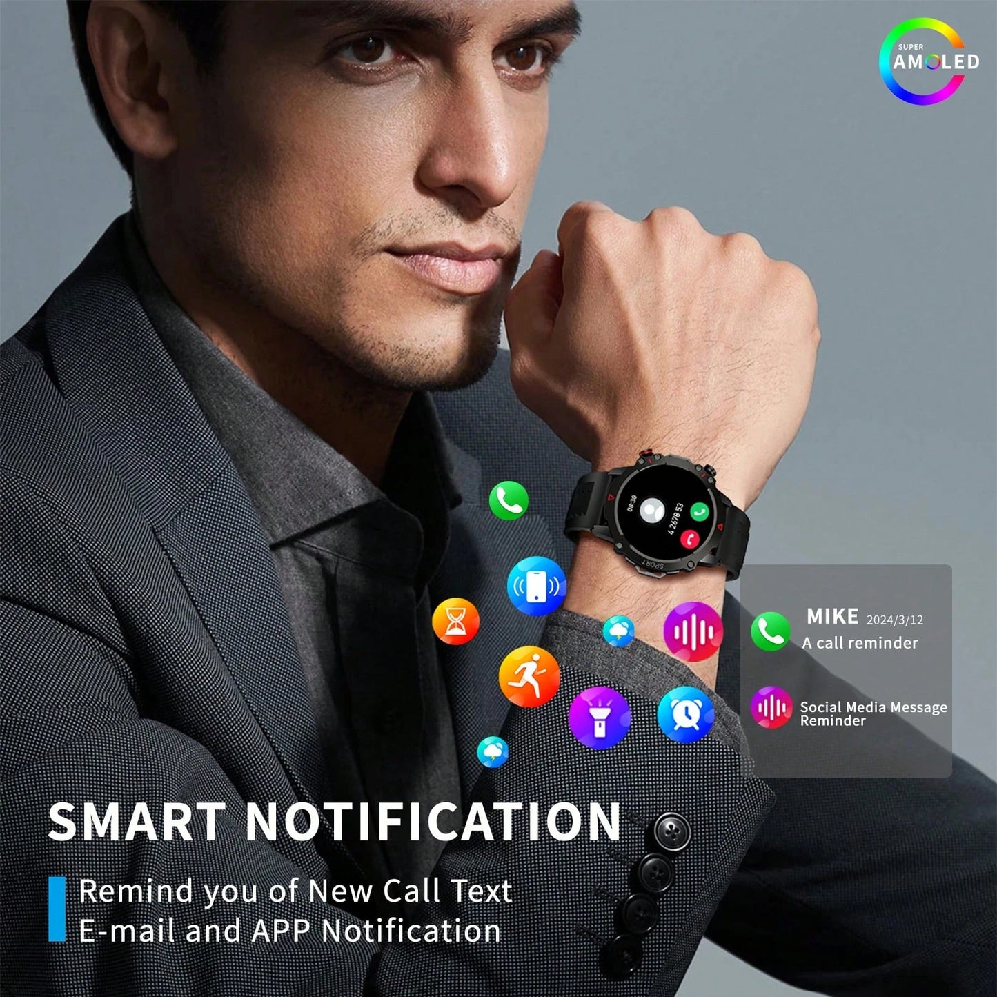 AMOLED SCREEN  Wireless Call, Multi-Sport Modes, Message Push, Remote Photo, Music Control, Outdoor Fitness Tracker|Sporty