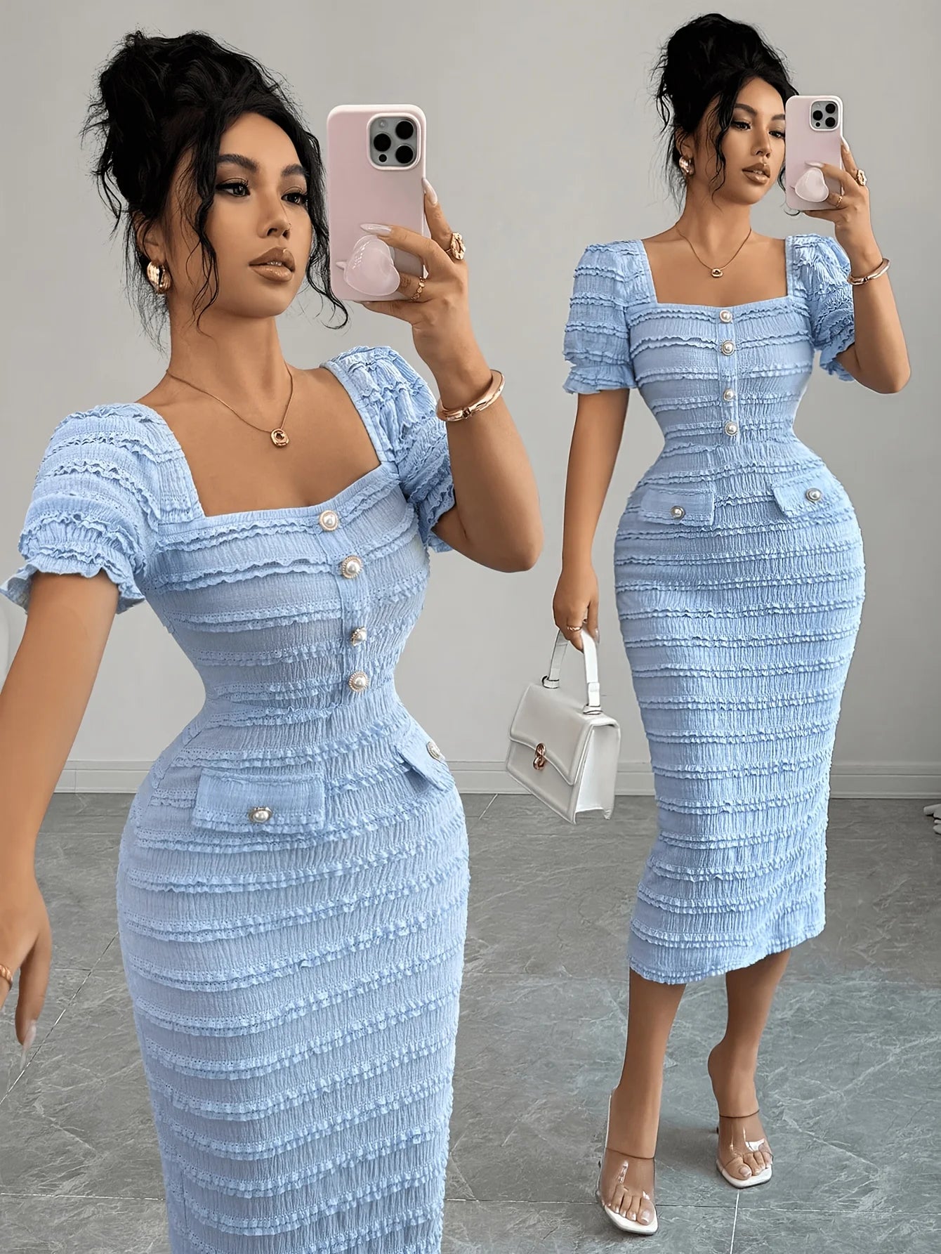 New Arrival Square Neck Short Sleeve Texture Knit Dress Elegant Versatile Slim Fit Midi Skirt Suitable for Women's Wear