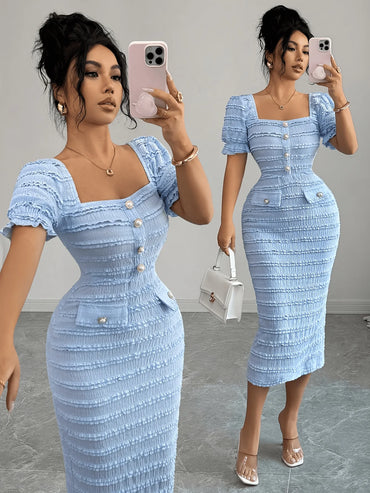 New Arrival Square Neck Short Sleeve Texture Knit Dress Elegant Versatile Slim Fit Midi Skirt Suitable for Women's Wear