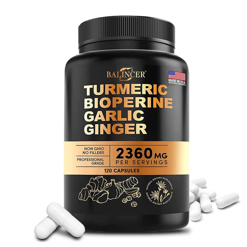 4-in-1 Turmeric and Garlic Supplements – 2360mg Turmeric Ginger Root Capsules with Garlic – High Potency Herbal Blend
