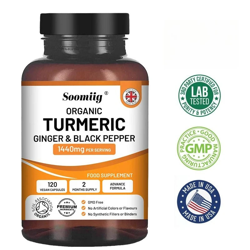 Organic Turmeric Capsules High Strength 1440mg | 120 Capsules with Black Pepper, Ginger & Active Ingredient Curcumin