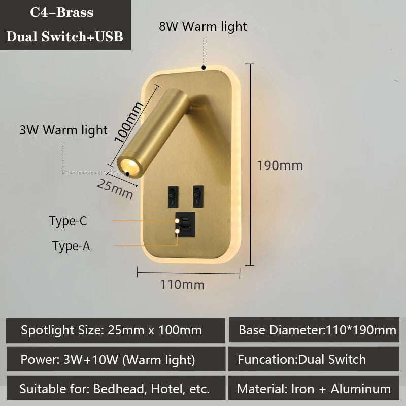 Modern Versatile LED Wall Sconce Lamp with Dual USB Ports & Adjustable Side Reading Lights for Modern Bedrooms Studiesand Hotels