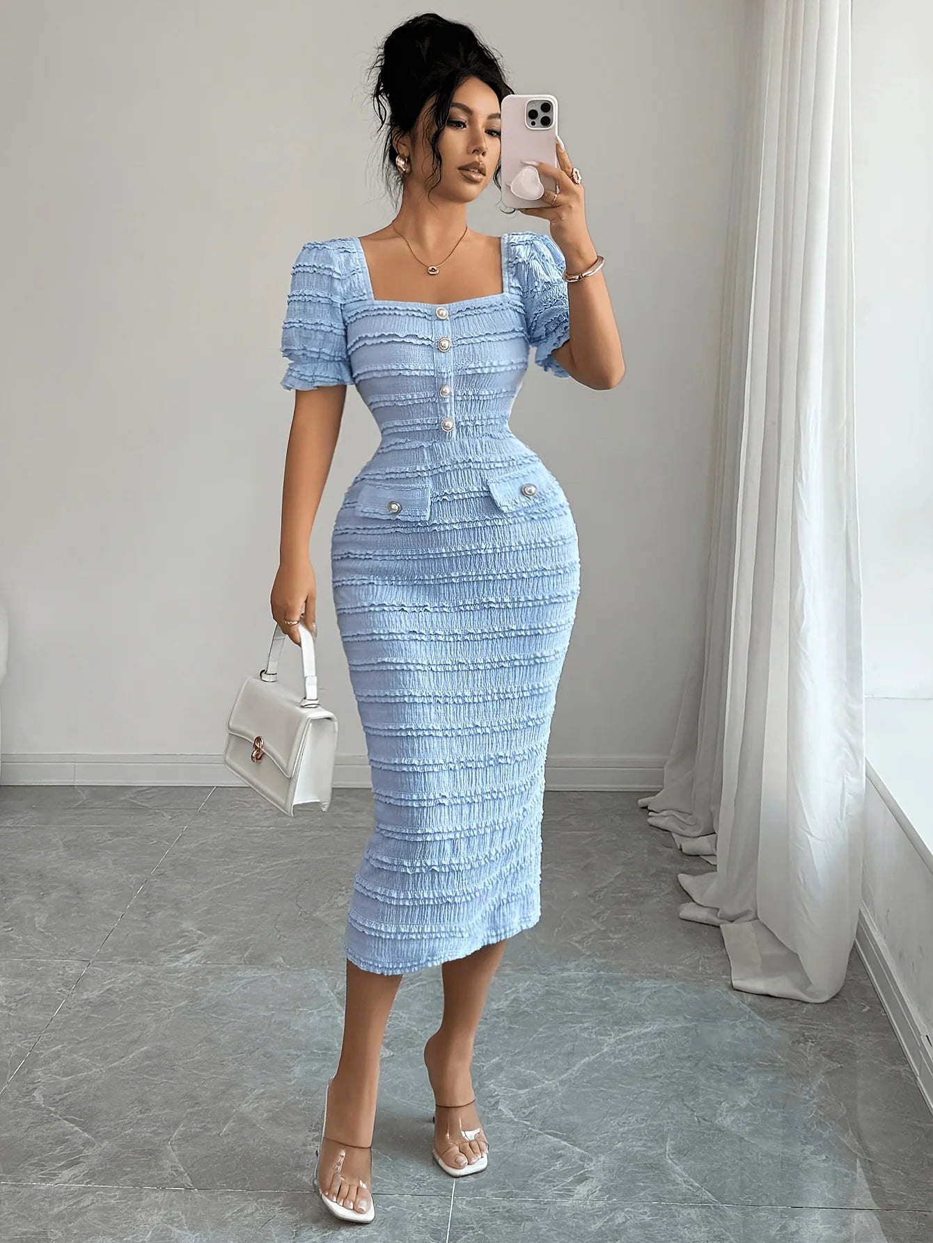 New Arrival Square Neck Short Sleeve Texture Knit Dress Elegant Versatile Slim Fit Midi Skirt Suitable for Women's Wear