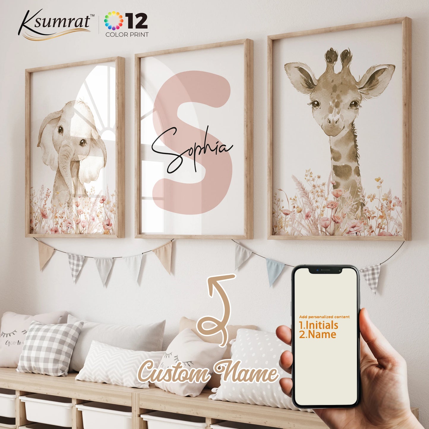 3pcs Personalized Name Custom Cartoon Animals Elephant Lion Wall Art Print Picture Living Room Kids Girl Room Home Decor Gift