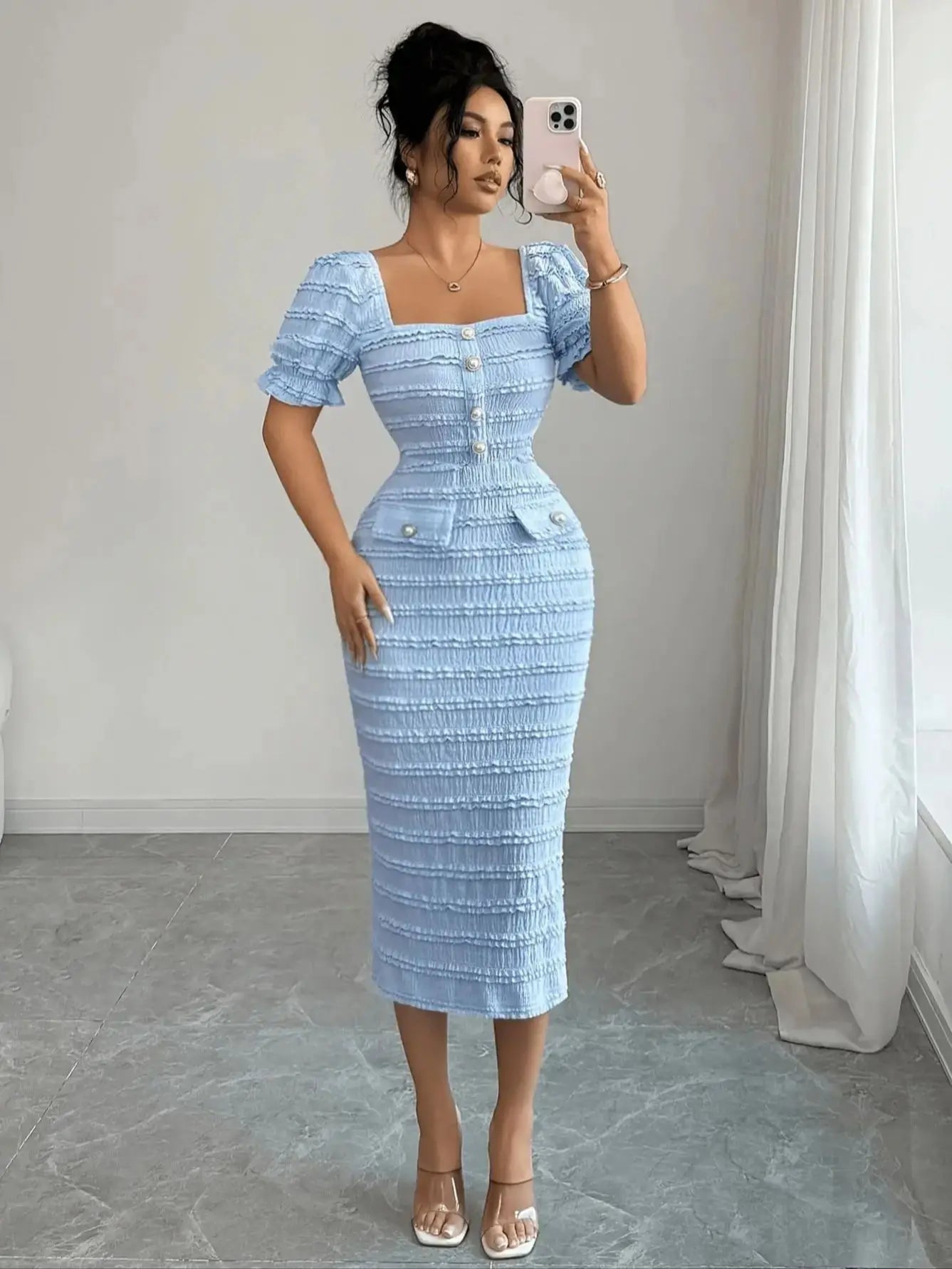 New Arrival Square Neck Short Sleeve Texture Knit Dress Elegant Versatile Slim Fit Midi Skirt Suitable for Women's Wear