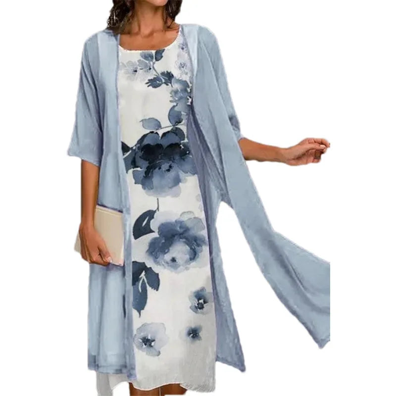 2024 Europe and the United States summer new women's casual dress two-piece set of printed round neck slim dress women