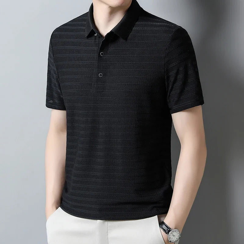 2024 Summer New High End Mesh Hollowed Out Ice Silk Short Sleeve T-shirt Men's Lapel  Breathable Polo Shirt Men Brand Clothing