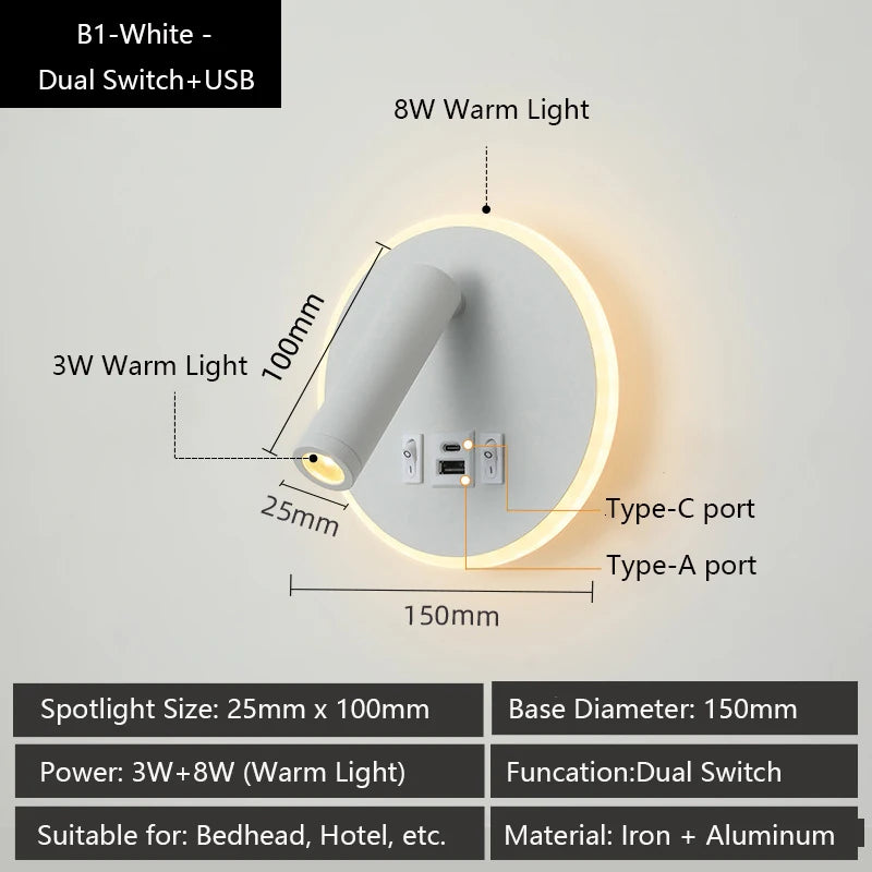 Modern Versatile LED Wall Sconce Lamp with Dual USB Ports & Adjustable Side Reading Lights for Modern Bedrooms Studiesand Hotels