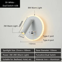 Modern Versatile LED Wall Sconce Lamp with Dual USB Ports & Adjustable Side Reading Lights for Modern Bedrooms Studiesand Hotels