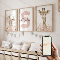 3pcs Personalized Name Custom Cartoon Animals Elephant Lion Wall Art Print Picture Living Room Kids Girl Room Home Decor Gift