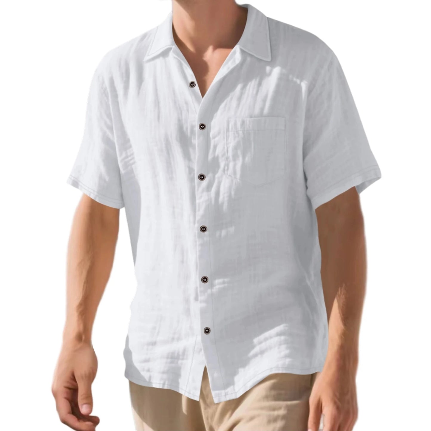 Men s Lightweight Linen Short Sleeve Button-Down Shirt Casual Solid Color Breathable Summer Tops Loose Fit Lapel Collar