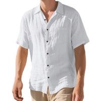 Men s Lightweight Linen Short Sleeve Button-Down Shirt Casual Solid Color Breathable Summer Tops Loose Fit Lapel Collar