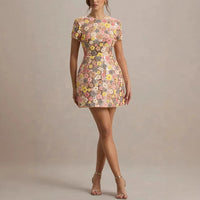 Spring Summer 2025 Women Elegant O Neck Short Sleeve Mini Dress Sequined Patchwork Casual Party Dress Sexy Ladies Slim Dresses