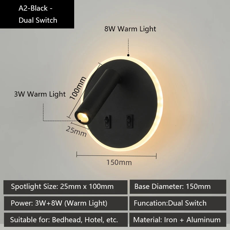 Modern Versatile LED Wall Sconce Lamp with Dual USB Ports & Adjustable Side Reading Lights for Modern Bedrooms Studiesand Hotels