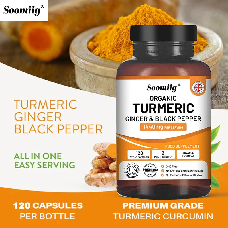 Organic Turmeric Capsules High Strength 1440mg | 120 Capsules with Black Pepper, Ginger & Active Ingredient Curcumin