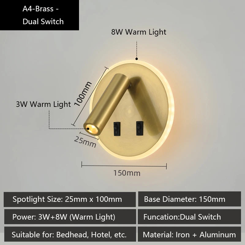 Modern Versatile LED Wall Sconce Lamp with Dual USB Ports & Adjustable Side Reading Lights for Modern Bedrooms Studiesand Hotels