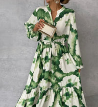 2024 Summer Elegant Women Maxi Dresses Fashion Green Print Long Sleeve V Neck Waist Adjustment Long Dress Female Party Vestido