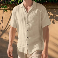 Men s Lightweight Linen Short Sleeve Button-Down Shirt Casual Solid Color Breathable Summer Tops Loose Fit Lapel Collar